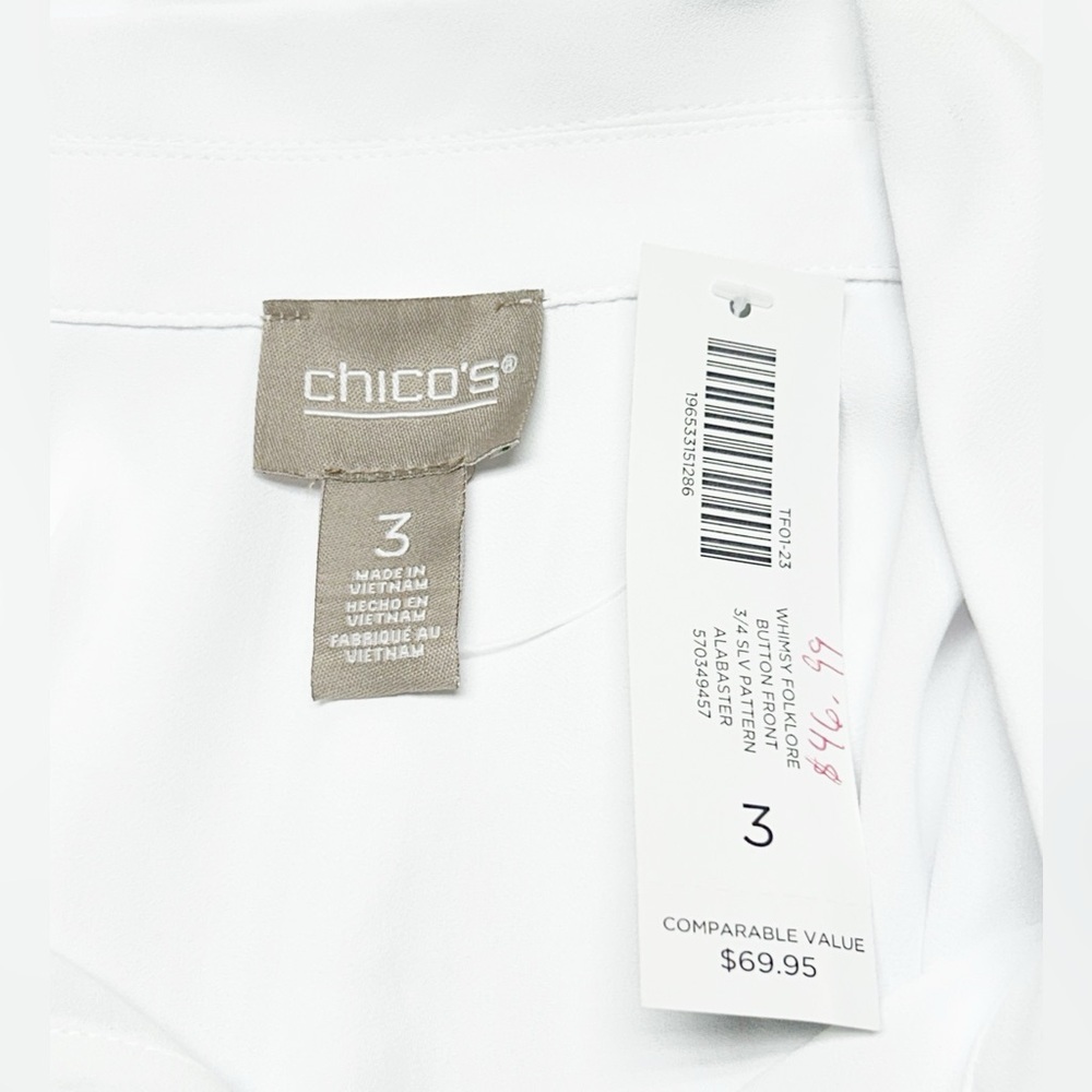 Chico’s White Whimsy Button Up Blouse 3/4 Sleeve Lightweight Sz 3 (XL) NWT - Picture 4 of 8